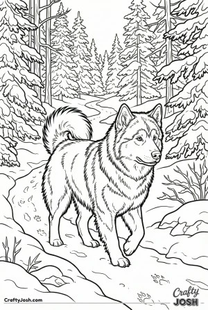 Winter forest malamute scene