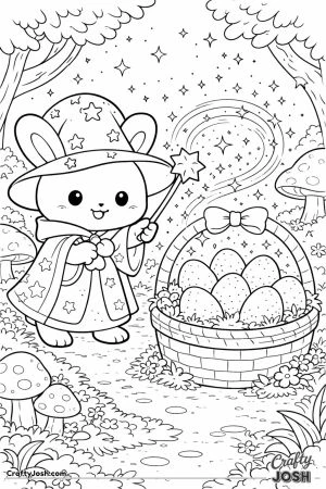 A wizard bunny wearing a star-covered hat and robe holds a magic wand and casts sparkling magic over a basket filled with decorated eggs in a forest ..