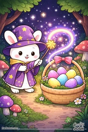 A wizard bunny wearing a star-covered hat and robe holds a magic wand and casts sparkling magic over a basket filled with decorated eggs in a forest ..