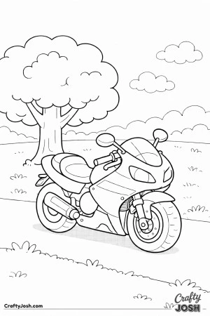 Motorcycle parked beside a tree, designed with big shapes
