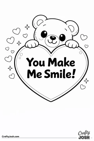 A teddy bear peeks from behind a large heart with “You Make Me Smile!” written across it and small hearts and sparkles around the design