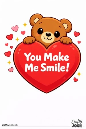 A teddy bear peeks from behind a large heart with “You Make Me Smile!” written across it and small hearts and sparkles around the design