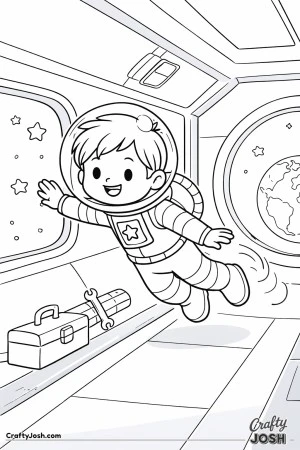 A smiling boy astronaut gently pushes off a space station wall and floats forward, with stars and Earth visible through the windows
