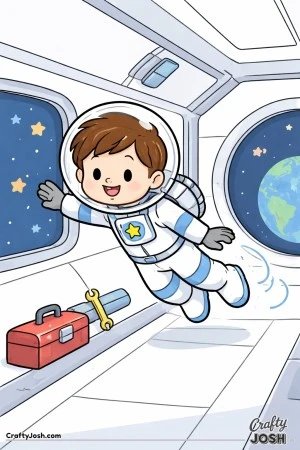 A smiling boy astronaut gently pushes off a space station wall and floats forward, with stars and Earth visible through the windows