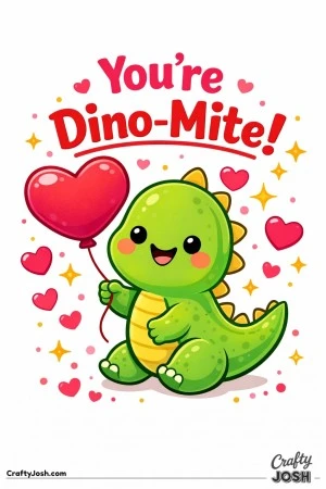 This adorable “You’re Dino-Mite!” Valentine’s Day coloring page features a chunky baby dinosaur holding a heart-shaped balloon