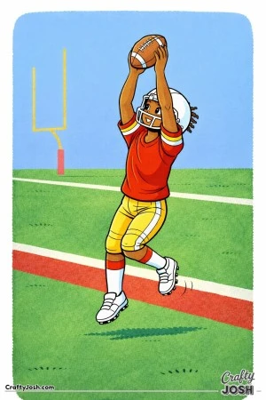 A young football player secures the catch and turns her shoulders upfield, eyes shifting forward as she prepares to run