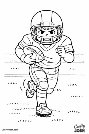 A young football player charges straight ahead while gripping the ball tightly, showing effort and determination as he runs across the field