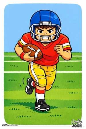 A young football player charges straight ahead while gripping the ball tightly, showing effort and determination as he runs across the field