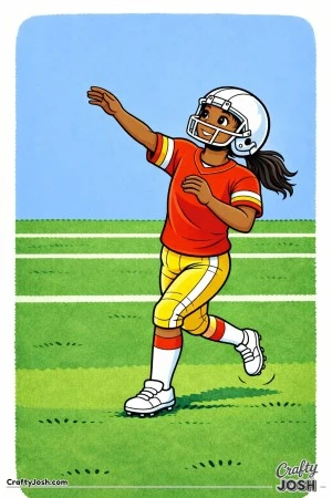 A young quarterback finishes a smooth throwing motion, her arm extended as she looks calmly in the direction of the completed pass