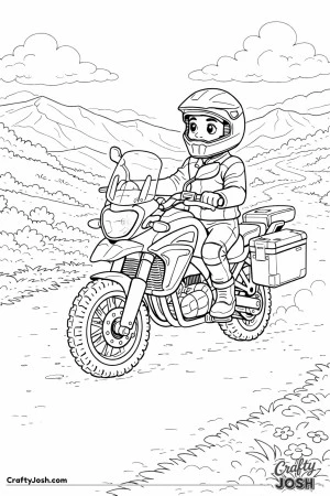 A confident young rider explores a mountain trail on an adventure-style motorcycle, with rolling hills and open sky creating a sense of outdoor ..