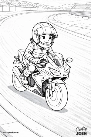 Young rider on a race motorcycle on a curved racetrack from a high-angle view.