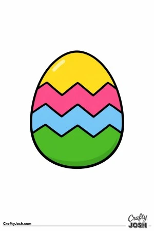 A large egg with three zigzag stripes is shown in simple black-and-white outline