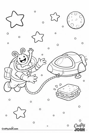 An alien astronaut floats beside a parked spaceship while reaching for a sandwich drifting away in space