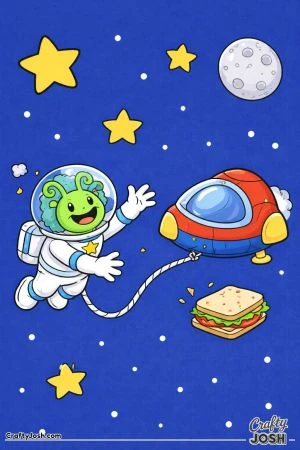 An alien astronaut floats beside a parked spaceship while reaching for a sandwich drifting away in space