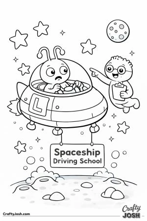 A nervous alien learns to fly a small training spaceship with a learner sign while an instructor alien floats nearby holding a clipboard in space.