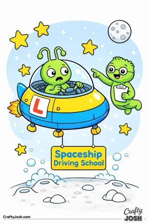 A nervous alien learns to fly a small training spaceship with a learner sign while an instructor alien floats nearby holding a clipboard in space.