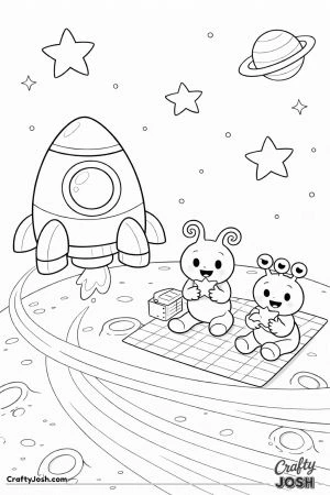 A rocket ship sits on a small moon while two aliens enjoy a picnic with star-shaped sandwiches on a blanket beside a basket.