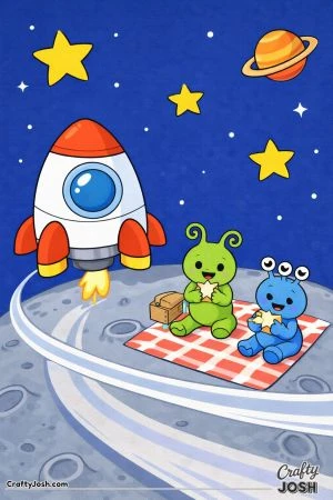 A rocket ship sits on a small moon while two aliens enjoy a picnic with star-shaped sandwiches on a blanket beside a basket.