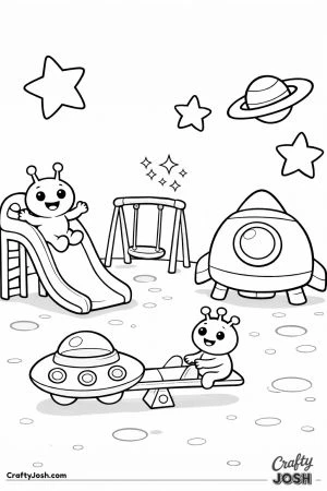 A playful alien playground on a small planet shows two friendly aliens playing on a rocket slide and spaceship seesaw while a rounded spaceship sits ..