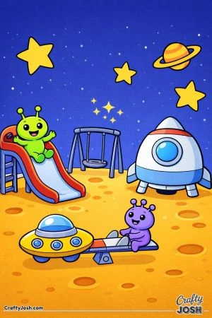 A playful alien playground on a small planet shows two friendly aliens playing on a rocket slide and spaceship seesaw while a rounded spaceship sits ..