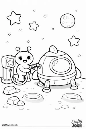 An alien refuels a small parked spaceship using a fuel hose beside a simple space fuel pump on a rocky moon surface with stars and a distant moon in ..