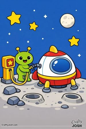An alien refuels a small parked spaceship using a fuel hose beside a simple space fuel pump on a rocky moon surface with stars and a distant moon in ..