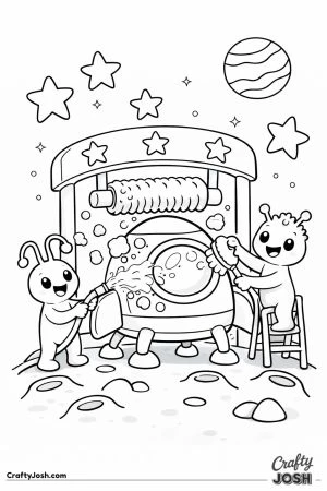 Two aliens wash a spaceship at a bubbly washing station on the moon while stars and a distant planet appear in the sky.