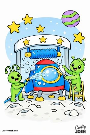 Two aliens wash a spaceship at a bubbly washing station on the moon while stars and a distant planet appear in the sky.