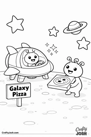 A cheerful pizza-delivery spaceship lands on a small alien planet while a friendly alien customer holds a pizza box beside a “Galaxy Pizza” sign.
