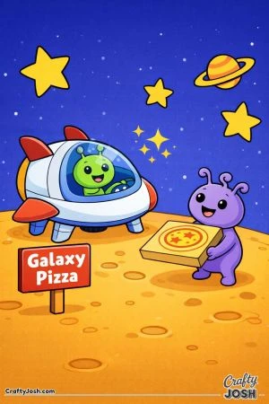 A cheerful pizza-delivery spaceship lands on a small alien planet while a friendly alien customer holds a pizza box beside a “Galaxy Pizza” sign.