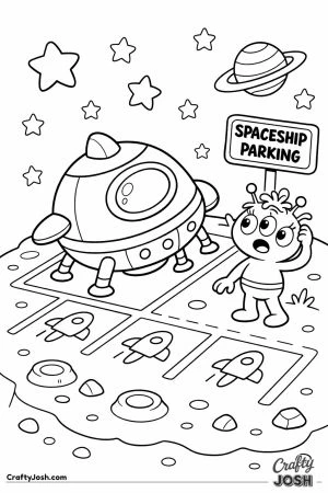 A confused three-eyed alien stands beside a parked spaceship on a small asteroid while looking at a “Spaceship Parking” sign with empty parking ..