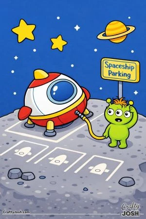 A confused three-eyed alien stands beside a parked spaceship on a small asteroid while looking at a “Spaceship Parking” sign with empty parking ..