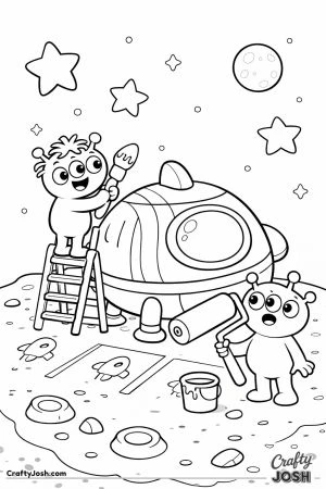 Two aliens paint racing stripes onto a parked spaceship while standing on a ladder and holding oversized painting tools, with stars and a moon above ..