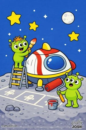 Two aliens paint racing stripes onto a parked spaceship while standing on a ladder and holding oversized painting tools, with stars and a moon above ..