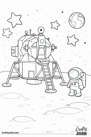 The Apollo lunar lander stands on the moon surface while an astronaut looks toward the spacecraft with Earth and stars visible in the sky.
