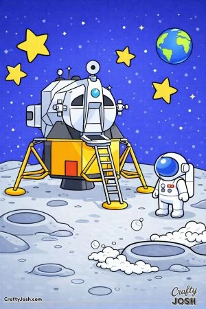 The Apollo lunar lander stands on the moon surface while an astronaut looks toward the spacecraft with Earth and stars visible in the sky.