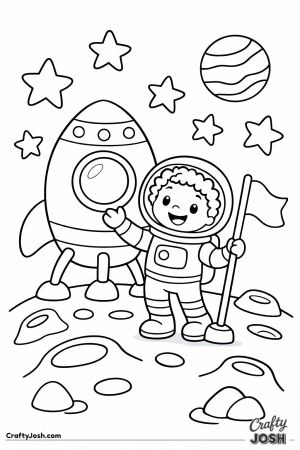 An astronaut stands on the moon beside a spaceship while planting a small flag on the moon with stars and a planet in the sky.