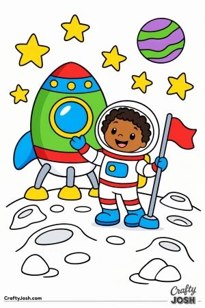 An astronaut stands on the moon beside a spaceship while planting a small flag on the moon with stars and a planet in the sky.
