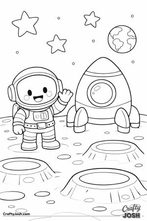 An astronaut stands on the moon beside his rocket ship while waving