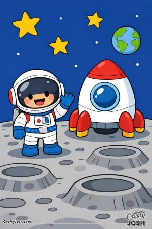 An astronaut stands on the moon beside his rocket ship while waving