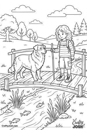 Australian shepherd bridge over country stream