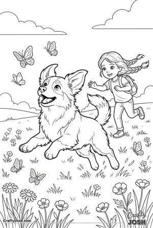Australian shepherd chasing butterflies meadow