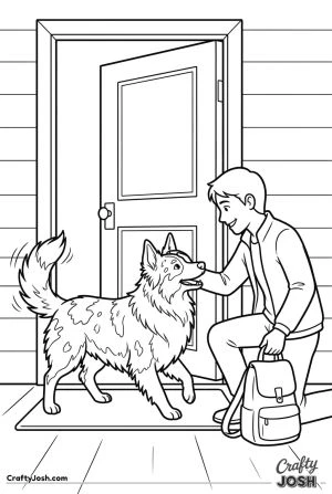 Australian shepherd greeting owner at door