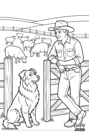 Australian shepherd guarding sheep at farm gate