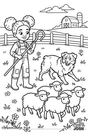 Australian shepherd herding sheep with young farmer