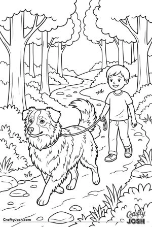 Australian shepherd hiking trail with child