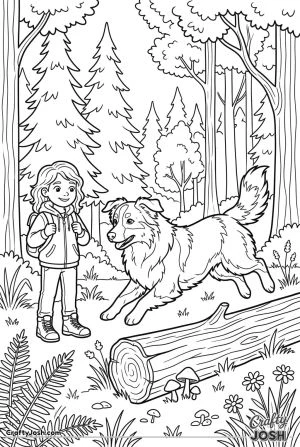 Australian shepherd jumping forest log