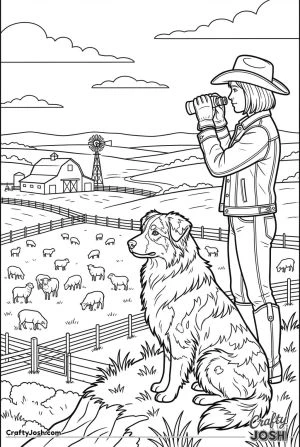 Australian shepherd overlooking ranch valley