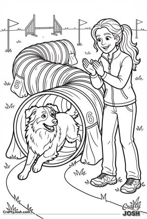 Australian shepherd running agility tunnel