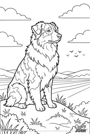 Australian shepherd sitting on hill view